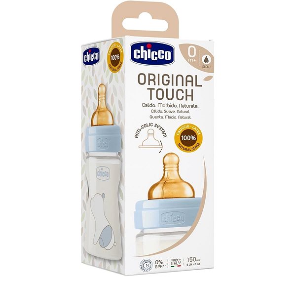 Dojčenská fľaša Chicco Original Touch latex, 150 ml – chlapec Obal/škatuľka
