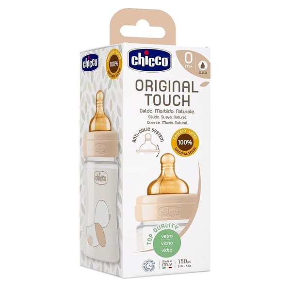 Dojčenská fľaša Chicco Original Touch latex, 150 ml – neutral, sklenená Obal/škatuľka