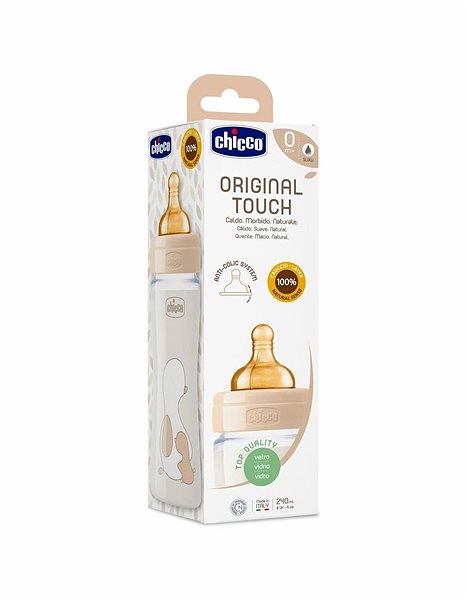 Dojčenská fľaša Chicco Original Touch latex, 240 ml – neutral, sklenená Obal/škatuľka