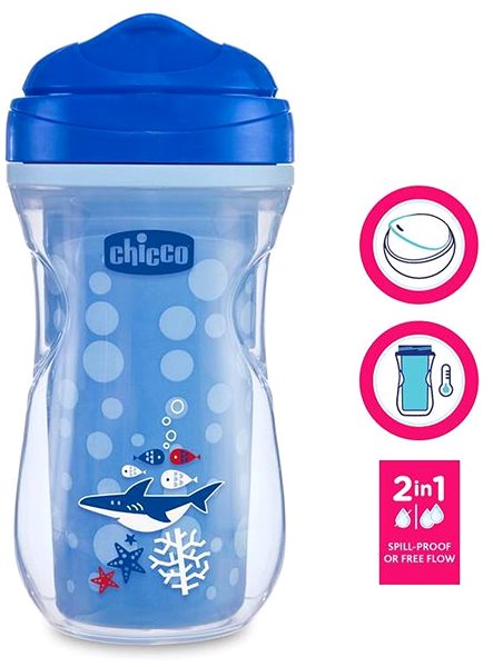 Tanulópohár Chicco Active thermo pohár kemény itatóval 266 ml, kék, shark 14 m+ ...
