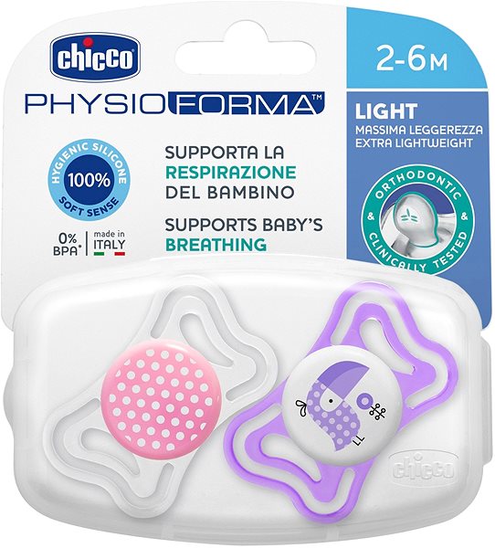 Cumlík Chicco Physio Light silikón, dievča – bodky/tukan 2 ks, 2 – 6 mes.+ Obal/škatuľka