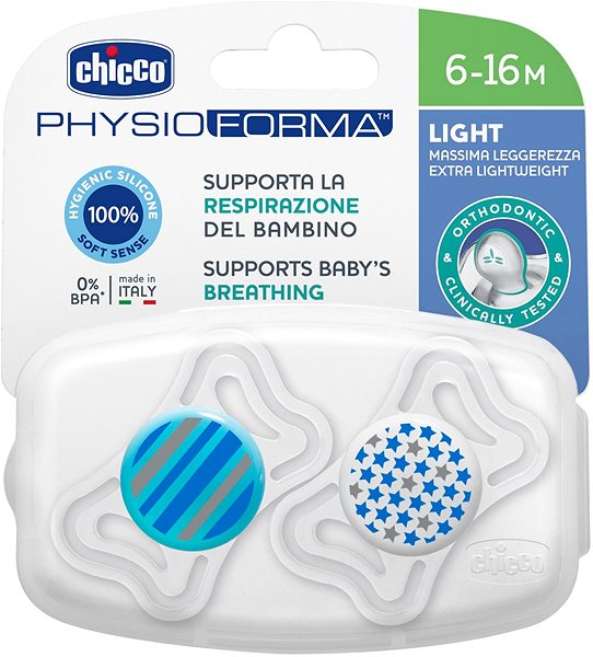 Cumi Chicco Physio Light szilikon, fiú - sáv / csillagok, 2 db, 6-16 m+ Csomagolás/doboz