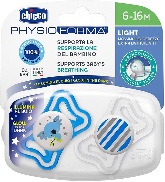 Cumi Chicco Physio Light szilikon éjszakai fiú 2 db, 6–16 m+ Csomagolás/doboz