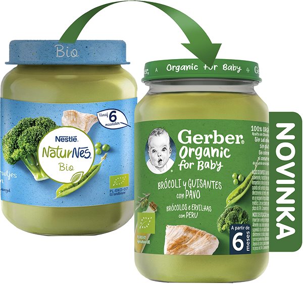 Príkrm GERBER Organic detský príkrm brokolica s hráškom a morčacím mäsom 190 g ...