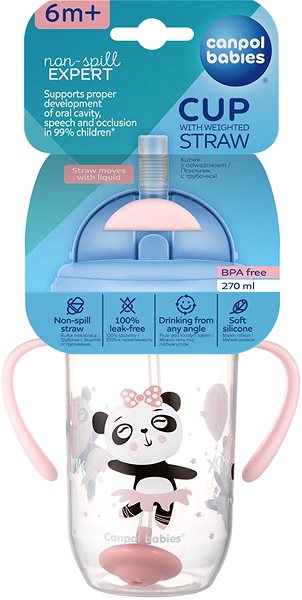 Tanulópohár Canpol Babies csepegésmentes ivópohár súllyal ellátott szívószállal Exotic Animals 270 ml, rózsaszínű ...
