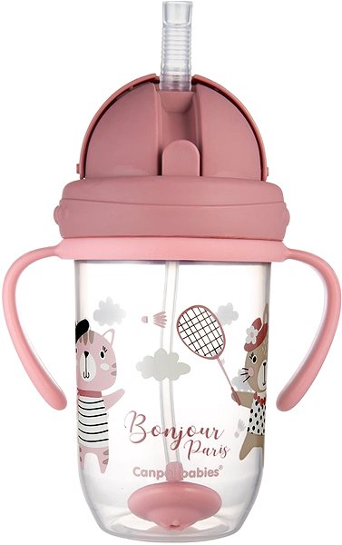 Tanulópohár Canpol Babies csepegésmentes ivópohár súllyal ellátott szívószállal Bonjour Paris 270 ml, rózsaszín ...