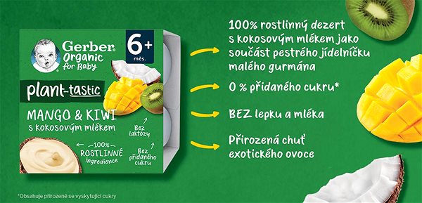 Príkrm GERBER Organic 100 % rastlinný dezert mango a kiwi s kokosovým mliekom 6× (4× 90 g) ...