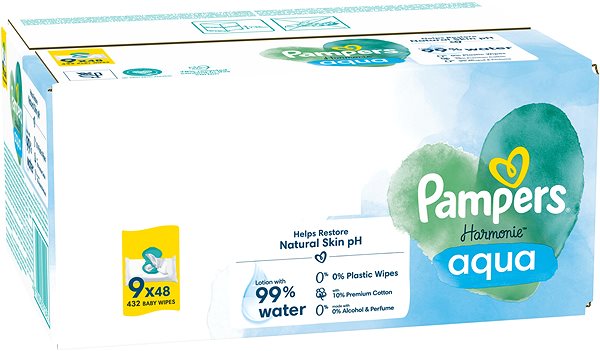 Detské vlhčené obrúsky PAMPERS Harmonie Aqua Plastic Free 432 ks (9× 48 ks) ...