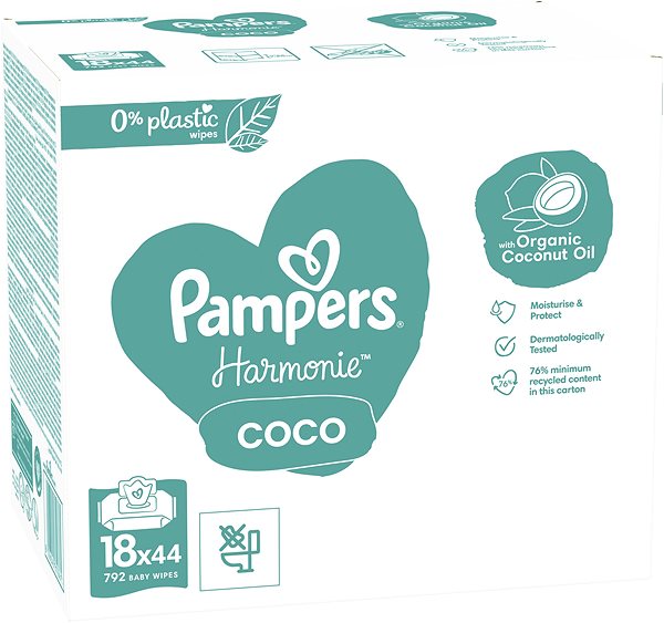 Dětské vlhčené ubrousky PAMPERS Harmonie Coconut Plastic Free 792 (18× 44 ks) ...
