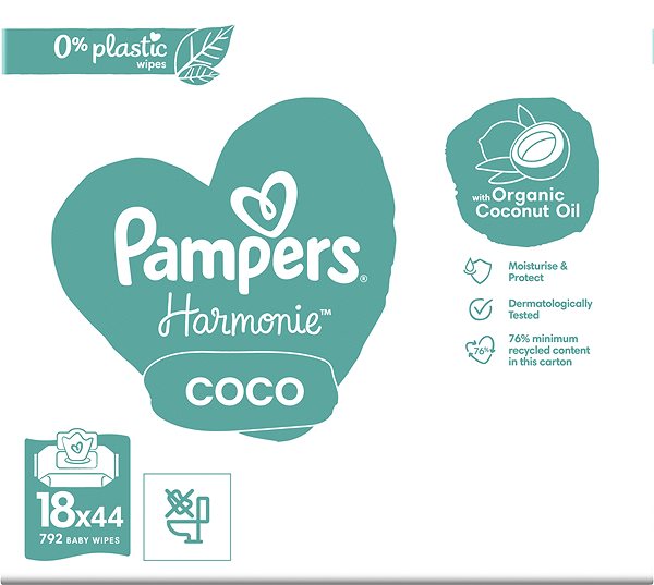Dětské vlhčené ubrousky PAMPERS Harmonie Coconut Plastic Free 792 (18× 44 ks) ...