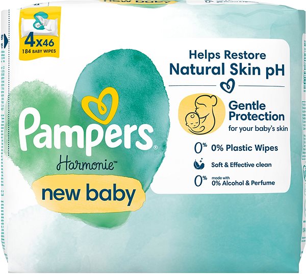 Popsitörlő PAMPERS Harmonie New Baby Plastic Free 184 db (4× 46 db) ...