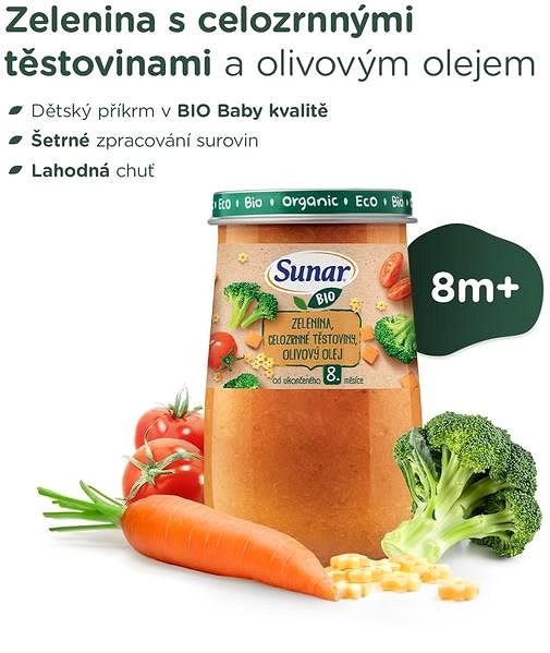 Príkrm Sunar BIO príkrm zelenina, celozrnné cestoviny, olivový olej 8m+, 6× 190 g ...