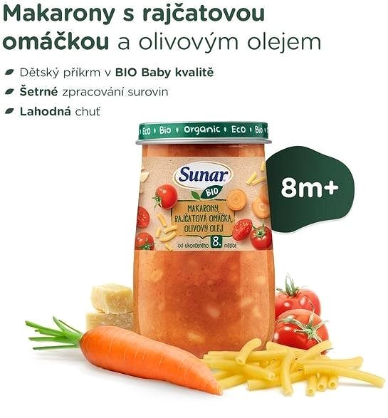 Príkrm Sunar BIO príkrm makaróny, paradajková omáčka, olivový olej 8m+, 6× 190 g ...