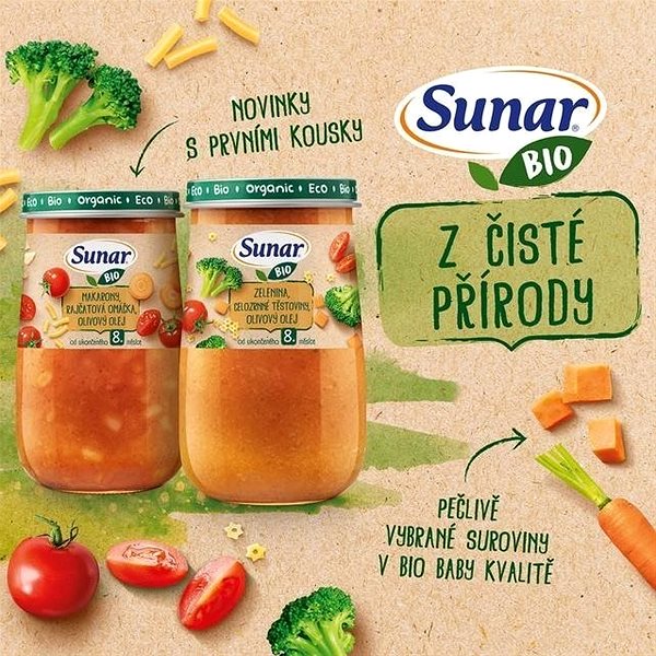 Príkrm Sunar BIO príkrm makaróny, paradajková omáčka, olivový olej 8m+, 6× 190 g ...