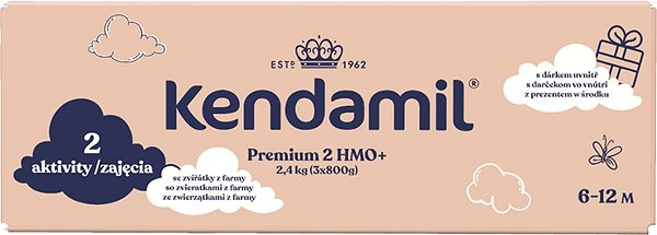 Kojenecké mléko Kendamil Premium 2 HMO+, 2,4 kg (3× 800 g), kreativní balení s dárkem ...