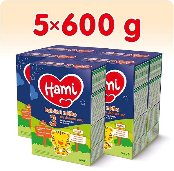Dojčenské mlieko Hami 12+ batoľacie mlieko na dobrú noc 5× 600 g Obsah balenia