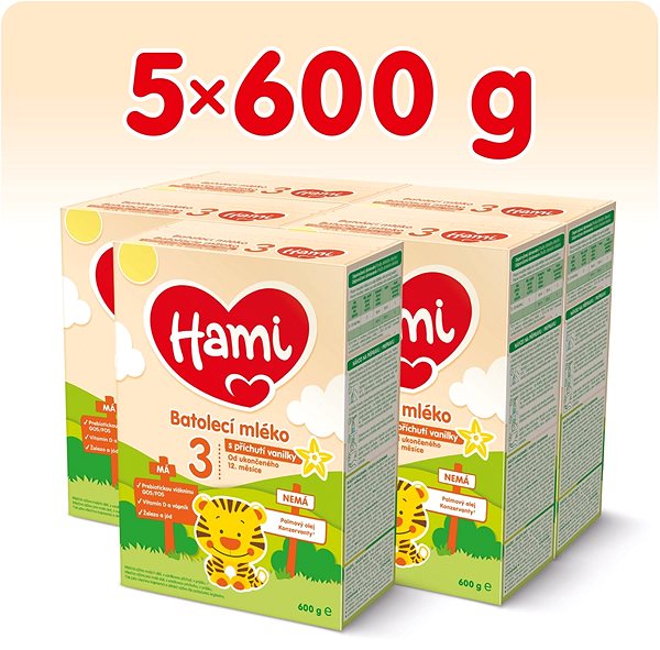Dojčenské mlieko Hami 12+ batoľacie mlieko s vanilkovou príchuťou 5× 600 g Obsah balenia