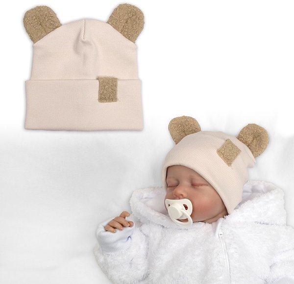 Baby Nellys Two-layer ribbed cap with ears boucle teddy bear - beige, 56/62 .