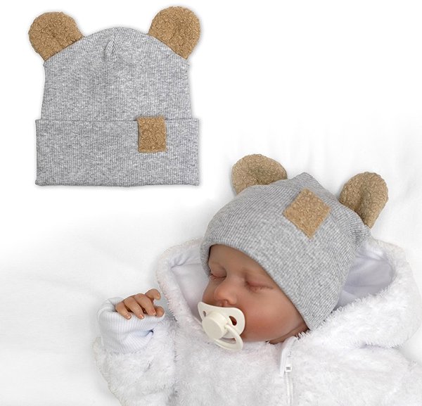 Baby Nellys Two-layer ribbed cap with ears boucle teddy bear - grey melange, 56/62 .