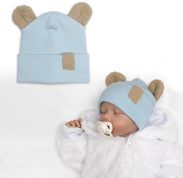 Baby Nellys Two-layer ribbed cap with ears boucle teddy bear - blue, 56/62 .