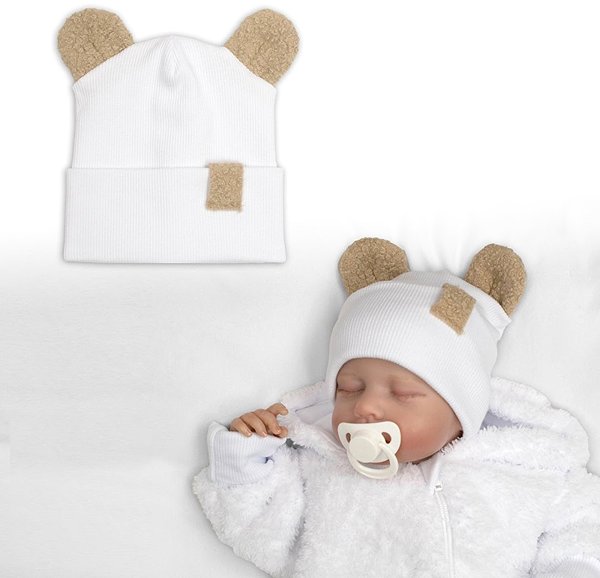 Baby Nellys Two-layer ribbed cap with ears boucle teddy bear - white, 68/74 .
