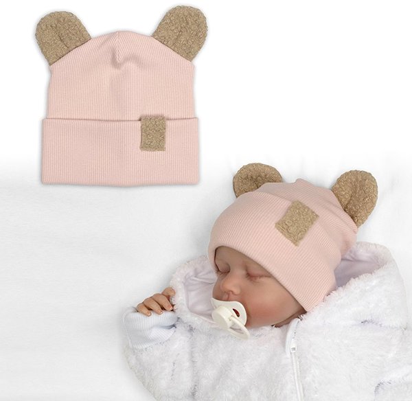 Baby Nellys Two-layer ribbed cap with ears boucle teddy bear - pink, 68/74 .