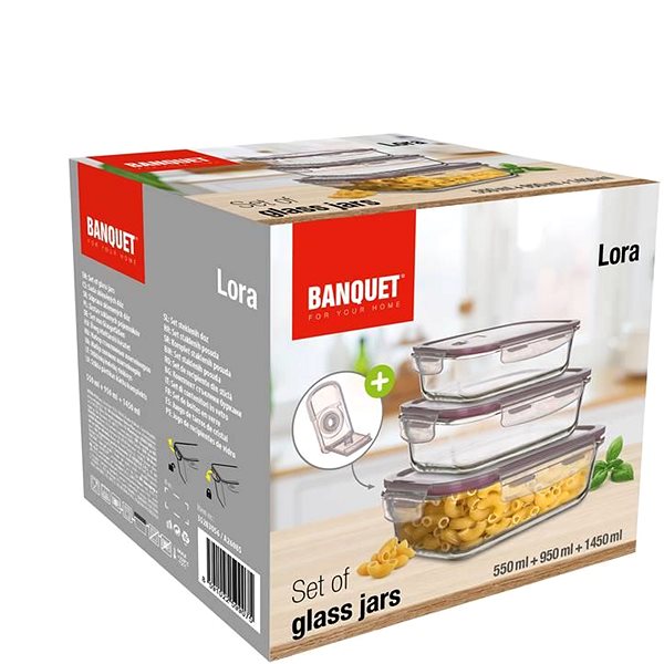 Ételtároló doboz szett BANQUET LORA 550 + 950 + 1450 ml üvegedény készlet fedővel, bordó ...