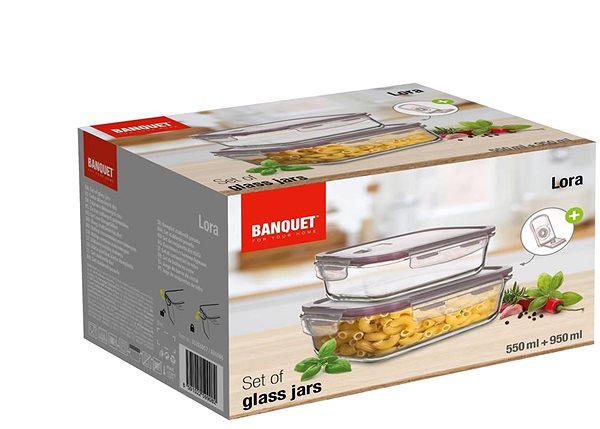Ételtároló doboz szett BANQUET LORA 550 + 950 ml-es bordó üvegedénykészlet fedővel ...