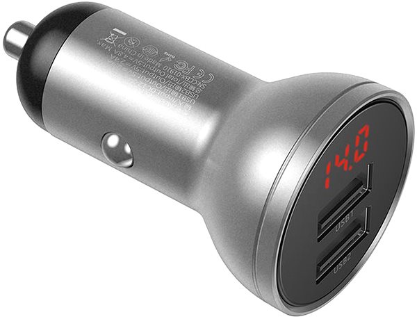 Car Charger Baseus Digital Display Dual USB 4.8A Car Charger 24W Silver Lateral view