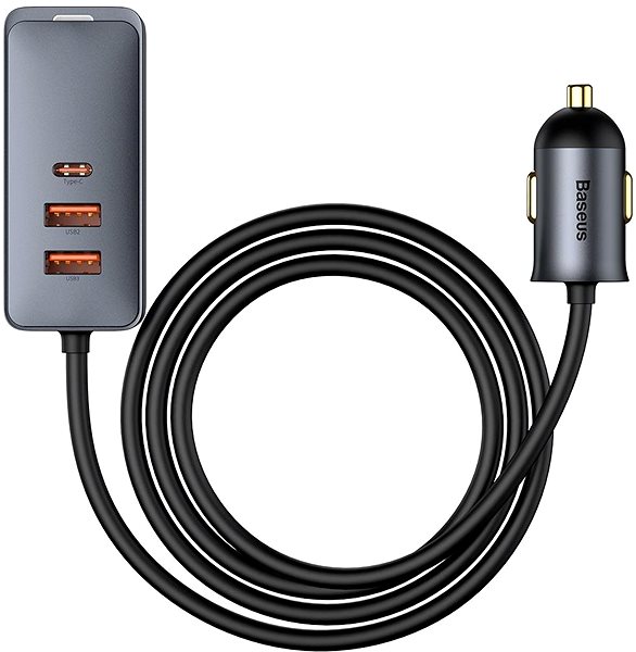 Nabíječka do auta Baseus rychlo nabíječka do auta s prodlužovacím kabelem 3x USB-A, 1x Type-C 120W šedá Screen