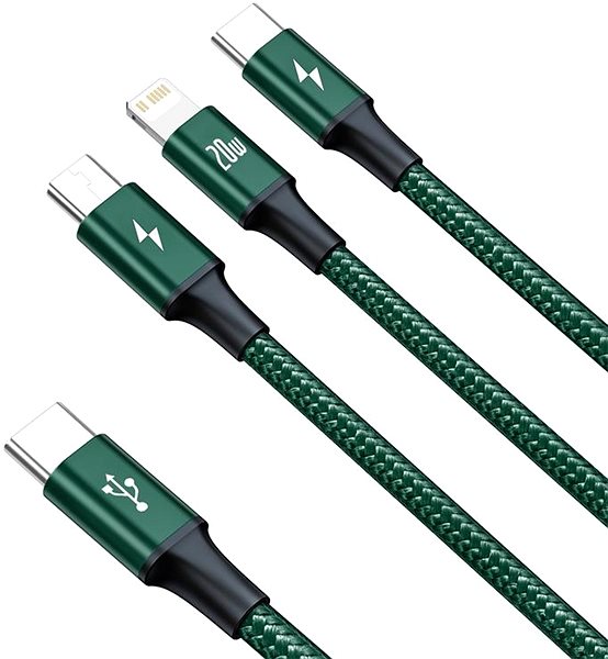 Dátový kábel Baseus Rapid Series nabíjací/dátový kábel 3 v 1 USB-C (USB-C + Lightning + USB-C) PD 20 W 1,5 m, zelený ...
