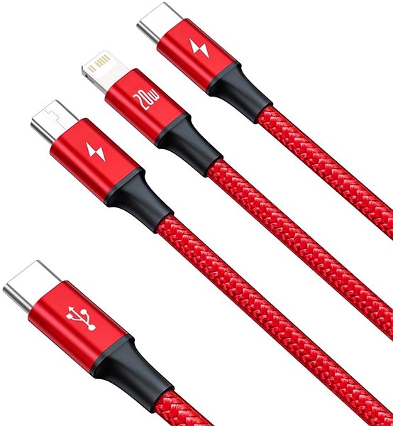 Dátový kábel Baseus Rapid Series nabíjací/dátový kábel 3 v 1 USB-C (USB-C + Lightning + USB-C) PD 20 W 1,5 m, červený ...