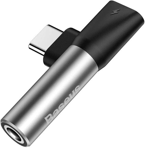 Adapter Baseus Audio-Hub L41 mit USB-C Stecker / USB-C Buchse / 3,5mm Klinkenbuchse, silber-schwarz Seitlicher Anblick