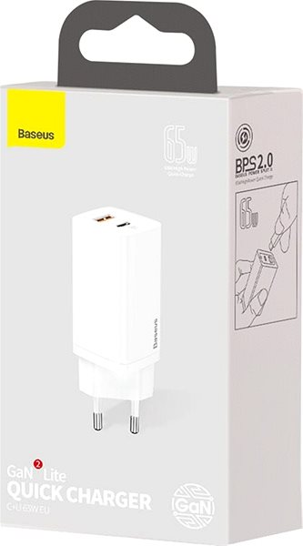 Netzladegerät Baseus GaN2 Lite Quick Charger USB + USB-C 65W  White Verpackung/Box