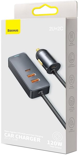 Nabíječka do auta Baseus multi-port Fast charging car charger with extension cord 120W 2U+2C Gray Obal/krabička