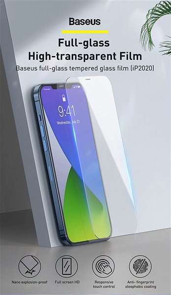 Glass Screen Protector Baseus Full-Glass Anti-Bluelight Tempered Glass for iPhone 12/12 Pro 6.1