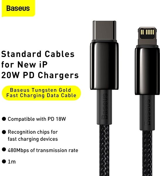 Tápkábel Baseus Tungsten Gold Fast Charging Data Cable Type-C to Lightning PD 20W 1m Black Jellemzők/technológia