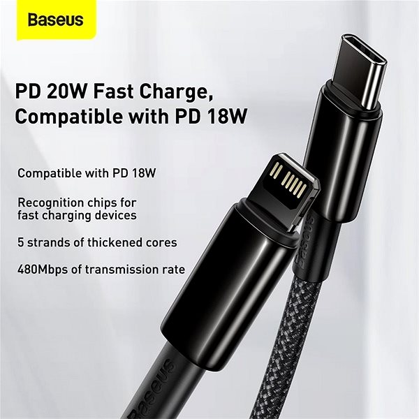 Adatkábel Baseus Tungsten Gold Fast Charging Data Cable Type-C to Lightning PD 20W 2m Black Csatlakozási lehetőségek (portok)