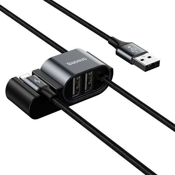 Data Cable Baseus Special Lightning Data Cable + 2x USB for Backseat of Car, Black Lateral view