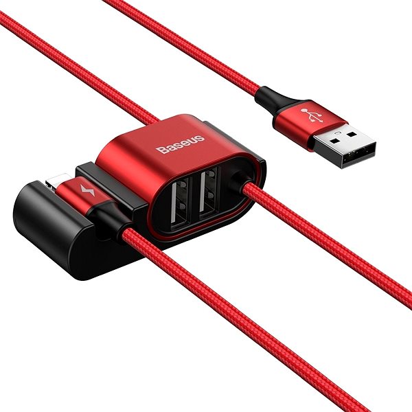 Data Cable Baseus Special Lightning Data Cable + 2× USB for Backseat of Car, Red Lateral view