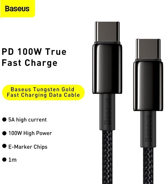 Adatkábel Baseus Tungsten Gold Fast Charging Data Cable Type-C (USB-C) 100W 1m Black Jellemzők/technológia