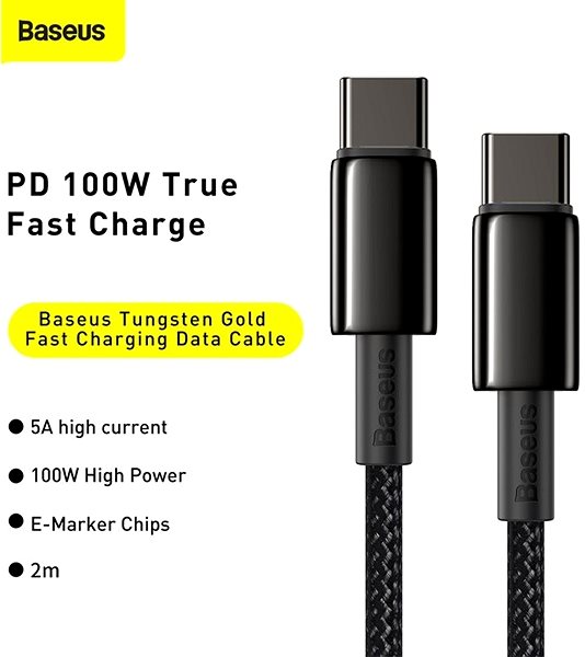 Datenkabel Baseus Tungsten Gold Fast Charging Data Cable Type-C (USB-C) 100 W 2 m Schwarz Mermale/Technologie