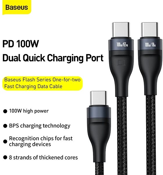 Adatkábel Baseus Flash Series Fast Charging Data Cable Type-C to Dual USB-C 100W 1.5m Black Jellemzők/technológia