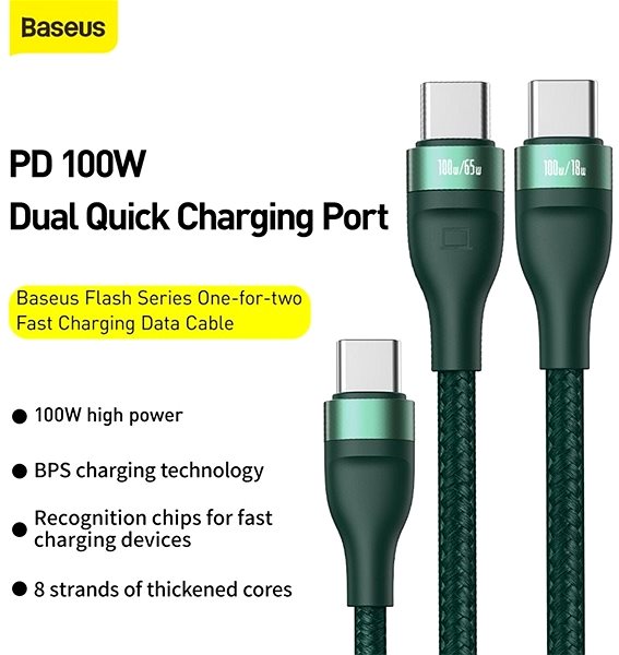 Adatkábel Baseus Flash Series Fast Charging Data Cable Type-C to Dual USB-C 100W 1.5m Green Jellemzők/technológia