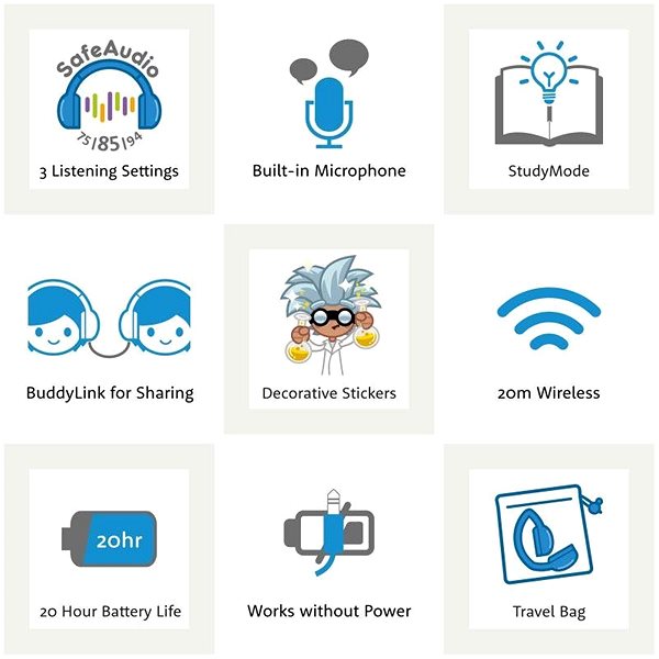 Vezeték nélküli fül-/fejhallgató BuddyPhones Play+, világoskék Jellemzők/technológia