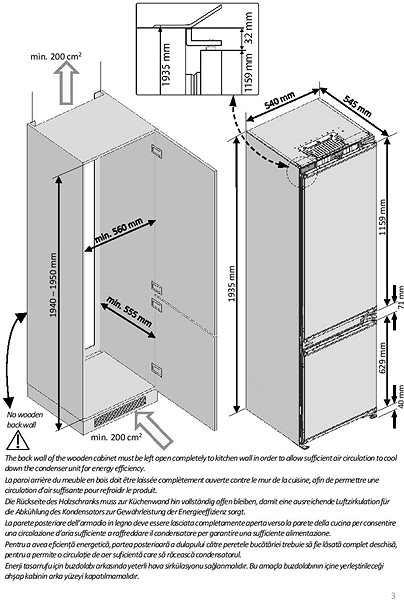 Beépíthető hűtő Beko BCNA306E4SN Műszaki vázlat