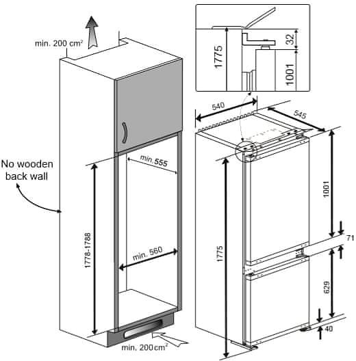 Beépíthető hűtő Beko BCHA275K4SN Műszaki vázlat