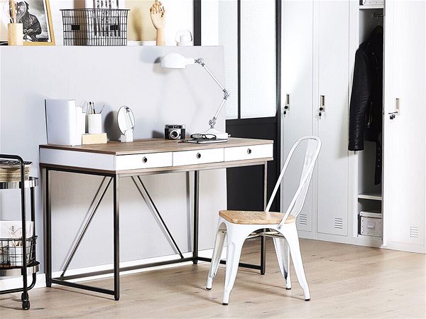 Písací stôl Stolík zo svetlého dreva s bielou zásuvkou 120 × 60 cm 3 HINTON, 207353 ...