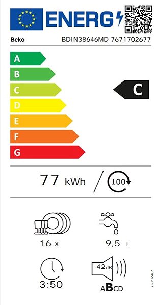 Built-in Dishwasher BEKO BDIN38646MD Energy label