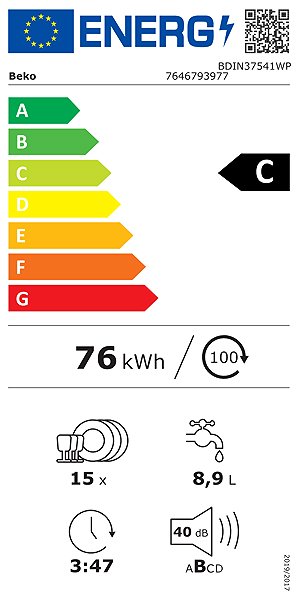 Built-in Dishwasher BEKO BDIN37541WP Energy label